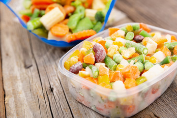 Frozen vegetables in a plastic bag. Healthy food storage concept.