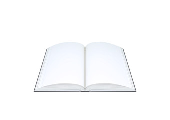 Open blank book on white background.