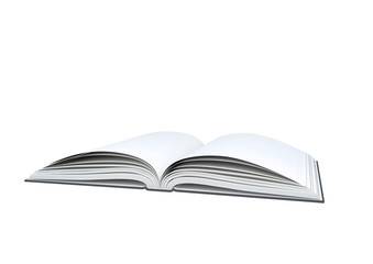 Open blank book on white background.
