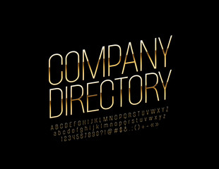 Vector Golden logo Company Directory with Luxury Font. Elite thin Alphabet Letters, Numbers and Symbols.