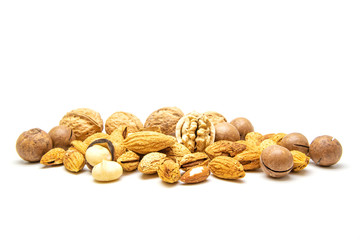 Almonds,Walnuts,Macadamia on white background.