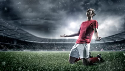 Foto op Plexiglas Football player in the stadium, joy of goal © efks