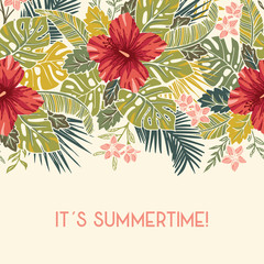 Retro Bold Colorful Tropical Exotic Foliage, Hibiscus Floral Horizontal Vector Seamless Border. Summertime Greting Card. © Anna Putina