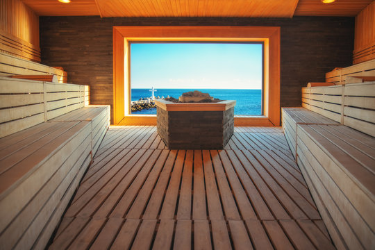 Classic wooden sauna and view toward sea, steam sauna in luxury spa center