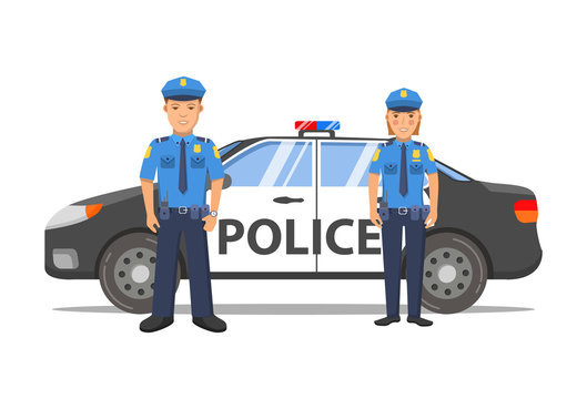 Police officer man and woman cartoon character.Police car sedan side view. Flat illustration vector.Emergency service cop in a uniform.