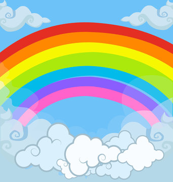 Cartoon illustration of magical magical landscape rainbow in cloudy sky.