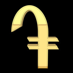 3D render of currency symbol, metallic, gold color.