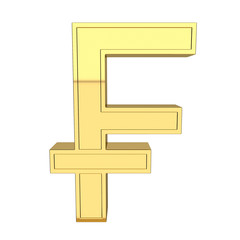 3D render of currency symbol, metallic, gold color.