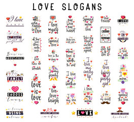 Fashion slogans - I love ... with flat design elements, for apps, interior posters, and social networks.