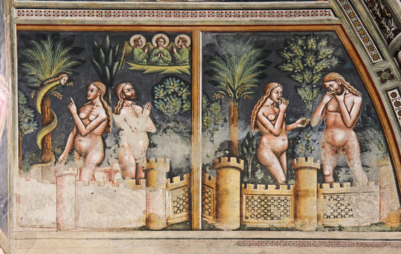 tentazione di Eva e peccato originale; affresco nella Basilica di Santa Caterina d'Alessandria a Galatina (Puglie)