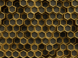Gold and black geometric hexagon pattern, golden rough texture metallic background, 3d rendering