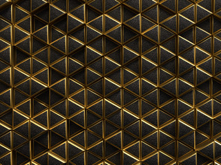 Gold and black geometric triangle pattern, abstract texture metallic background, 3d rendering