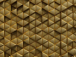 Gold geometric triangle pattern, golden rough texture metallic background, 3d rendering