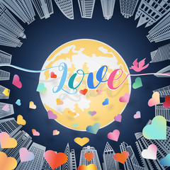 Love letter with bird and scatter of colorful heart with shadow floating over big yellow full moon and high building on blue background, paper art style.