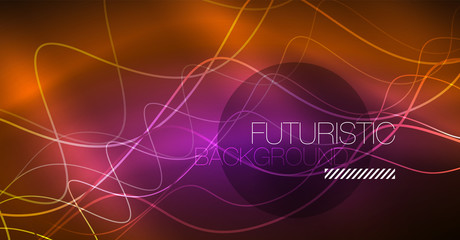 Abstract shiny glowinng color wave design element on dark background - science or technology concept