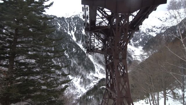 POV Shot : Cable cabin over snow mountain . Shinhotaka Ropeway, Cable car station, Takayama Gifu, Japan