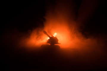 Rocket launch with fire clouds. Battle scene with rocket Missiles with Warhead Aimed at Gloomy Sky...