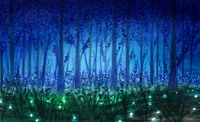 Night forest with glowing fireflies in watercolor.