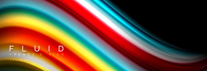 Bright colorful liquid fluid lines on black, modern abstract background