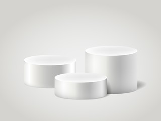 White realistic ylinder and pedestal, scene empty stand. 3D cylinder vector set. Circle, podium and stand circular illustration