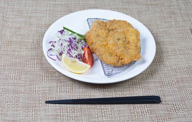Close up view of plate with japanese food inside. Japan traditional food on wooden table. Selective focus