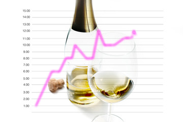 Wine glass and bottles with cork. Line graph isolated in the concept of marketing strategy and business development.