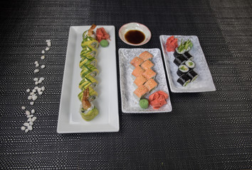 Japanese sushi set with ready to serve. Beautiful eastern style table decoration with sushi.