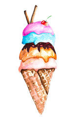 Hand drawn watercolor colorful ice cream on waffle and chocolate isolated on white. Watercolor illustration for restaurant menu or Cartoon