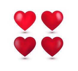 Set of four realistic red Valentine Hearts, shadow. Vector illustration.