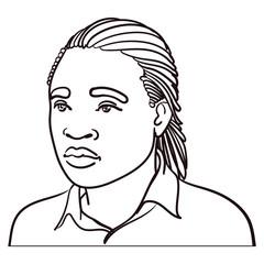 Hand-drawn head of an African-American male with long-haired camel and business shirt. frontal, profile, and from the side, neutral facial expression. ouline, comic, face, portrait.