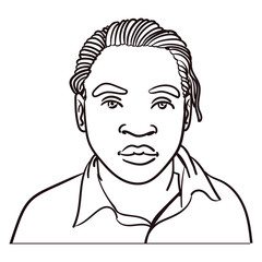 Hand-drawn head of an African-American male with long-haired camel and business shirt. frontal, profile, and from the side, neutral facial expression. ouline, comic, face, portrait.