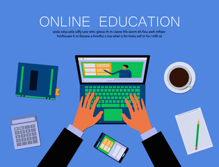 Online education background. Web design template with notebook, hands, phone and coffee. Vector illustration