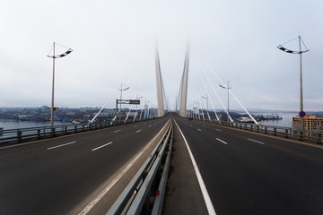 Golden cable-stayed bridge road car traffic from above. Modern Vladivostok Russia night illumination. Old and modern central buildings.	