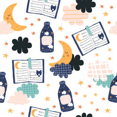 Seamless pattern with hand drawn bedtime elements. Cute kids print. Vector illustration.