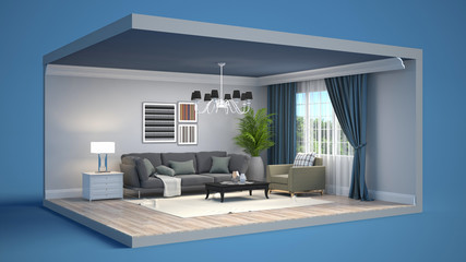 Fototapeta na wymiar Interior of the living room in a box. 3D illustration