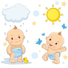 Icon set of kids boys for children and design, a boy in a bad mood stands in a puddle under a cloud and rain with a duck, in a good mood walks in the sun with butterflies.