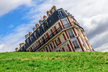 Sinking house on Montmartre hill taken with funny angle, Paris, France