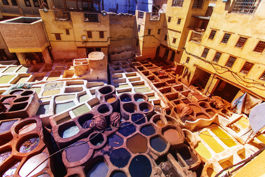 Tanneries of Fes Morocco, Africa Old tanks of the Fez's tanneries with color paint for leather