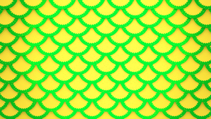 Yellow green fish scales bright cells pattern marine background 3D illustration