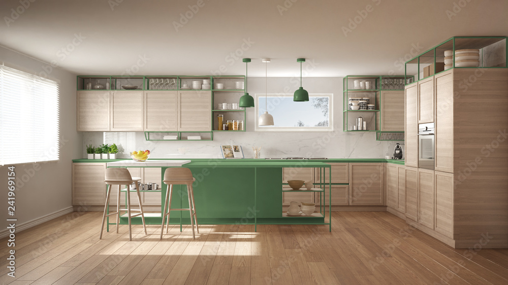 Wall mural modern white and green kitchen with wooden details and parquet floor, modern pendant lamps, minimali