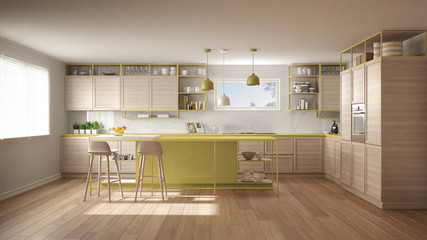 Modern white and yellow kitchen with wooden details and parquet floor, modern pendant lamps, minimalistic interior design concept idea, island with stools and accessories
