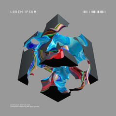 Abstract vector background. Modern composition with black cube and multi-colored entrails, wall art poster template.