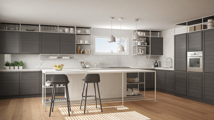 Modern white and gray kitchen with wooden details and parquet floor, modern pendant lamps, minimalistic interior design concept idea, island with stools and accessories