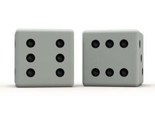 White playing dice isolated on white background. 3D