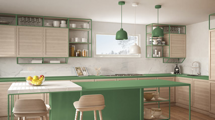 Modern white and green kitchen with wooden details and parquet floor, modern pendant lamps, minimalistic interior design concept idea, island with stools and accessories
