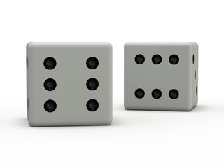 White playing dice isolated on white background. 3D