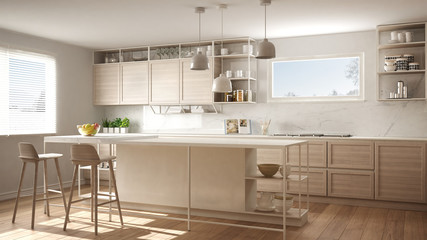 Modern white kitchen with wooden details and parquet floor, modern pendant lamps, minimalistic interior design concept idea, island with stools and accessories
