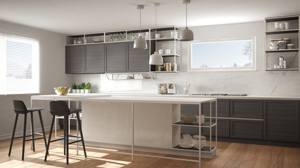 Modern white and gray kitchen with wooden details and parquet floor, modern pendant lamps, minimalistic interior design concept idea, island with stools and accessories