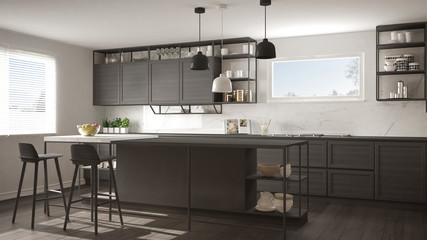 Modern dark gray kitchen with wooden details and parquet floor, modern pendant lamps, minimalistic interior design concept idea, island with stools and accessories