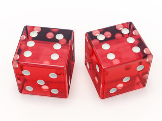 Red glass playing dice isolated on white background. 3D